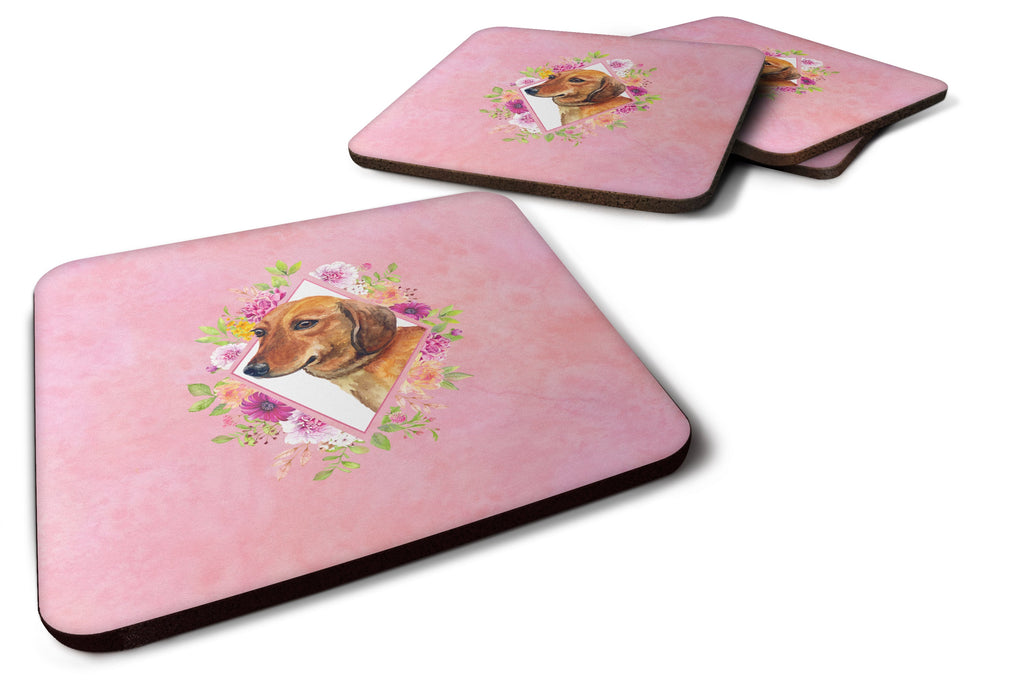 Dachshund Red #1 Pink Flowers Foam Coasters Set of 4 Cup Coasters for Indoor Outdoor, Tabletop Protection, Anti Slip, Mouse pad Material