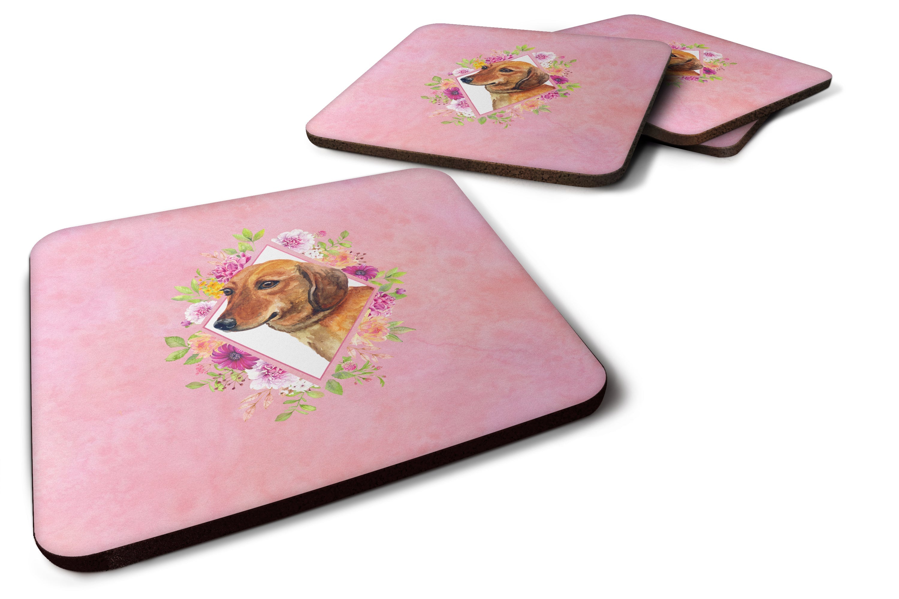 Dachshund Red #1 Pink Flowers Foam Coasters Set of 4 Cup Coasters for Indoor Outdoor, Tabletop Protection, Anti Slip, Mouse pad Material