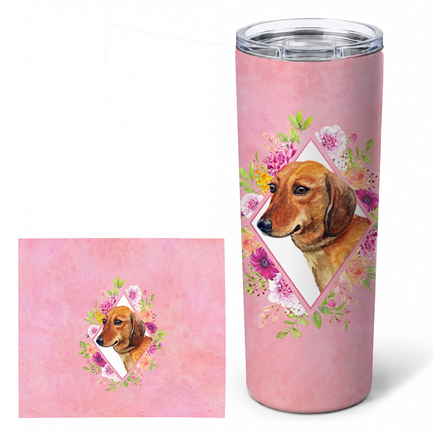 Dachshund Red #1 Pink Flowers Stainless Steel Skinny Tumbler 20 oz Vacuum Double Walled Reusable Insulated Travel Cup