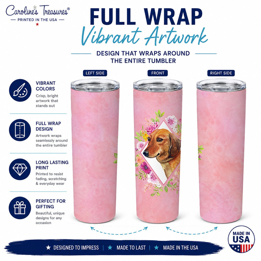 Dachshund Red #1 Pink Flowers Stainless Steel Skinny Tumbler 20 oz Vacuum Double Walled Reusable Insulated Travel Cup
