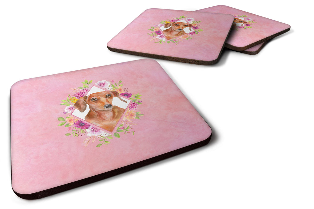 Dachshund Red #2 Pink Flowers Foam Coasters Set of 4 Cup Coasters for Indoor Outdoor, Tabletop Protection, Anti Slip, Mouse pad Material