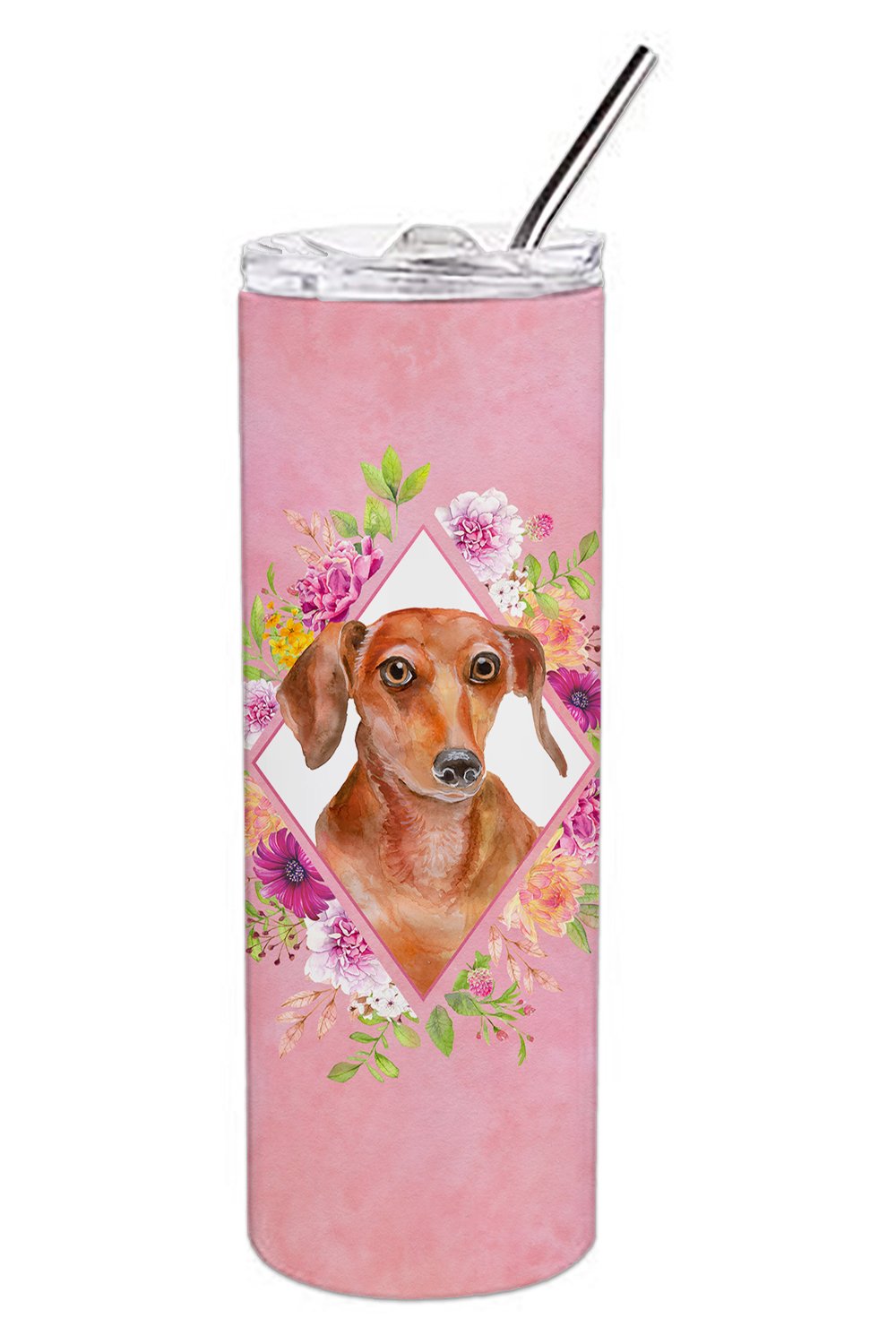 Dachshund Red #2 Pink Flowers Stainless Steel Skinny Tumbler 20 oz Vacuum Double Walled Reusable Insulated Travel Cup