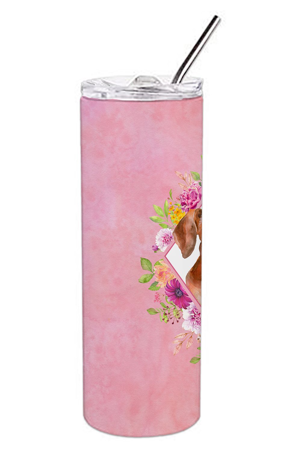 Dachshund Red #2 Pink Flowers Stainless Steel Skinny Tumbler 20 oz Vacuum Double Walled Reusable Insulated Travel Cup
