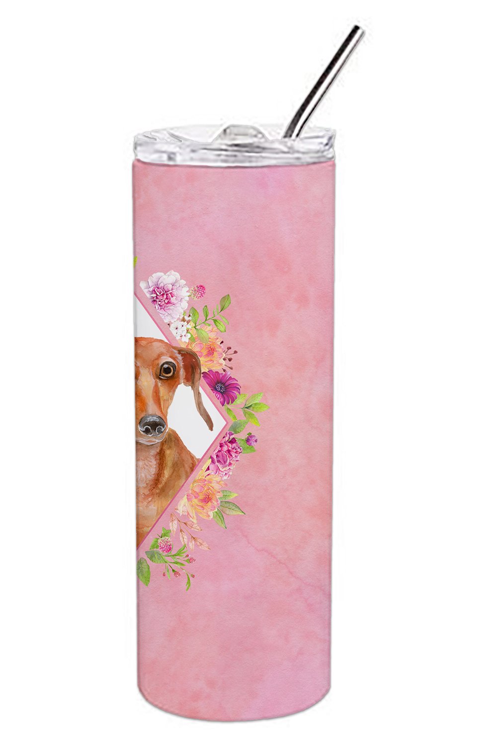 Dachshund Red #2 Pink Flowers Stainless Steel Skinny Tumbler 20 oz Vacuum Double Walled Reusable Insulated Travel Cup