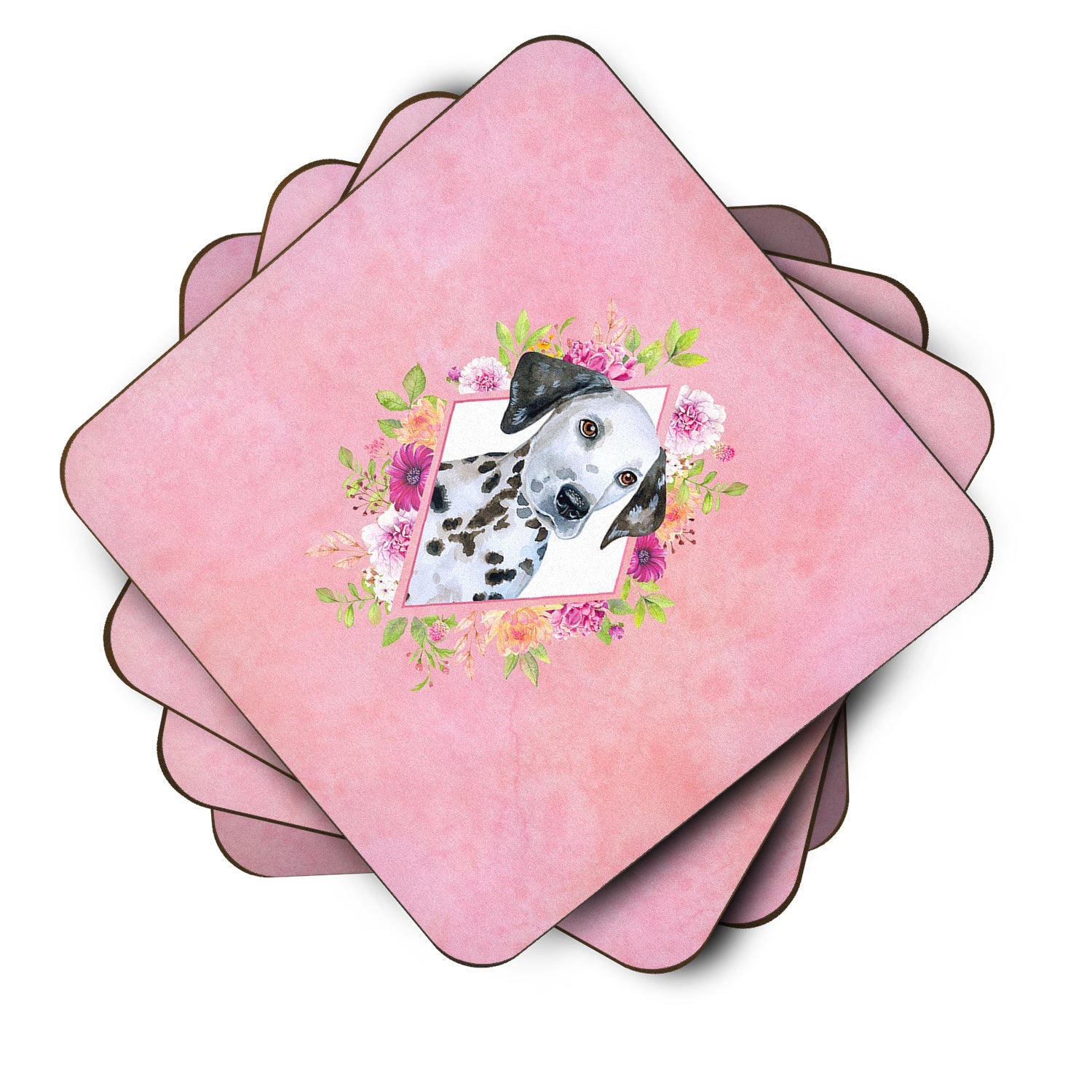 Dalmatian Puppy Pink Flowers Foam Coasters Set of 4 Cup Coasters for Indoor Outdoor, Tabletop Protection, Anti Slip, Mouse pad Material