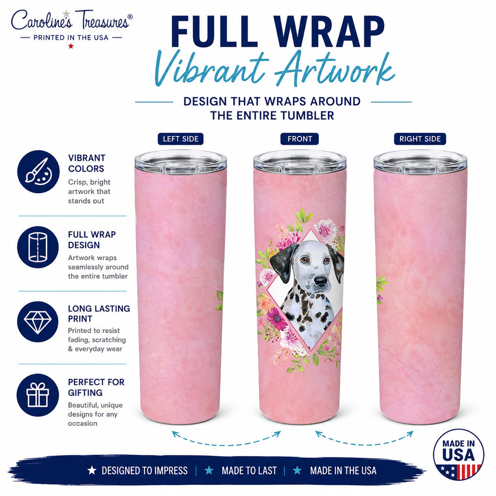 Dalmatian Puppy Pink Flowers Stainless Steel Skinny Tumbler 20 oz Vacuum Double Walled Reusable Insulated Travel Cup