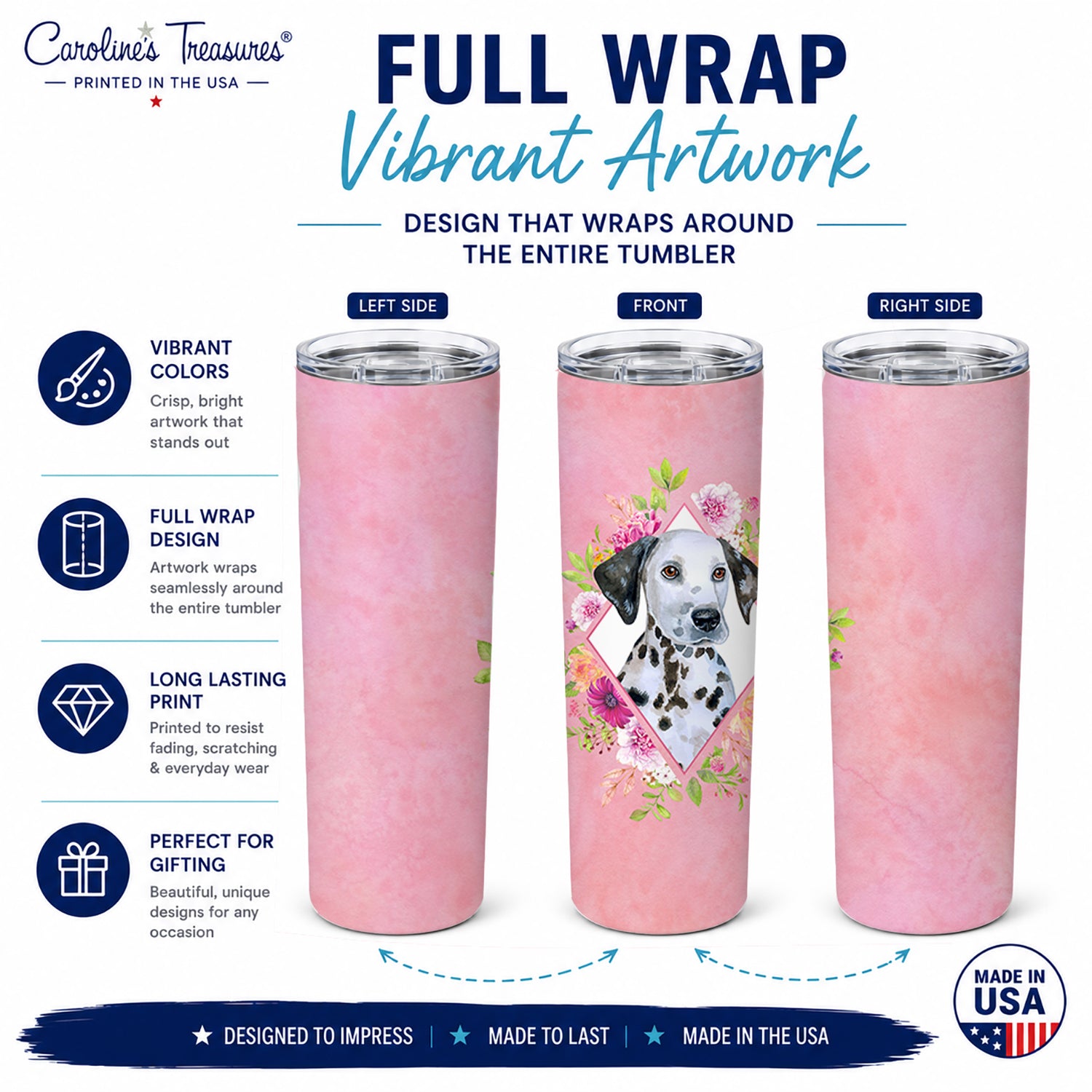 Dalmatian Puppy Pink Flowers Stainless Steel Skinny Tumbler 20 oz Vacuum Double Walled Reusable Insulated Travel Cup