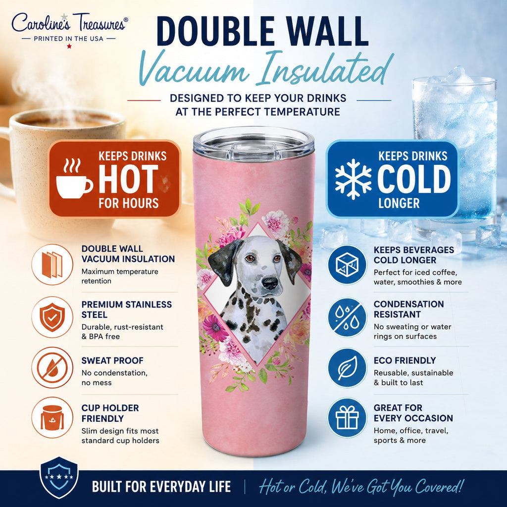 Dalmatian Puppy Pink Flowers Stainless Steel Skinny Tumbler 20 oz Vacuum Double Walled Reusable Insulated Travel Cup