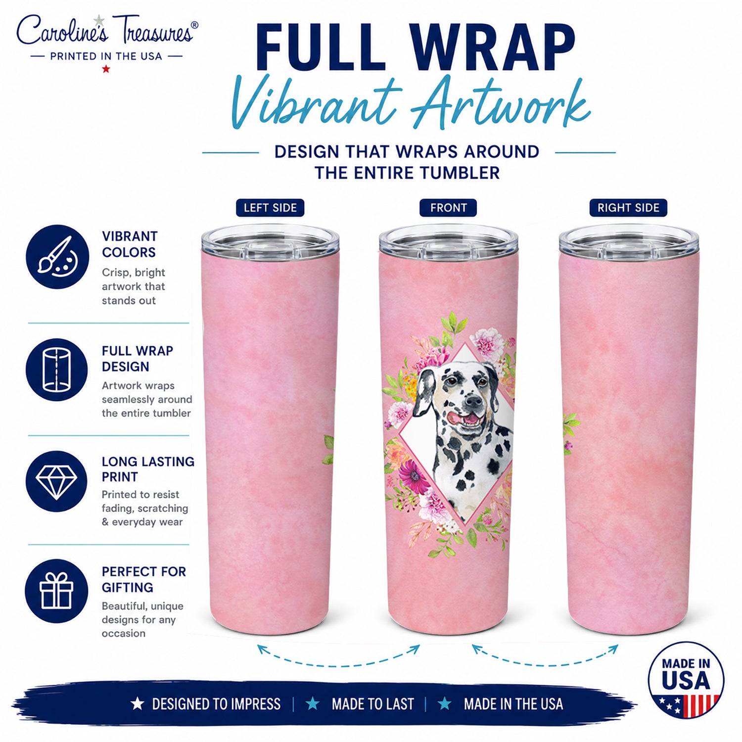 Dalmatian Pink Flowers Stainless Steel Skinny Tumbler 20 oz Vacuum Double Walled Reusable Insulated Travel Cup