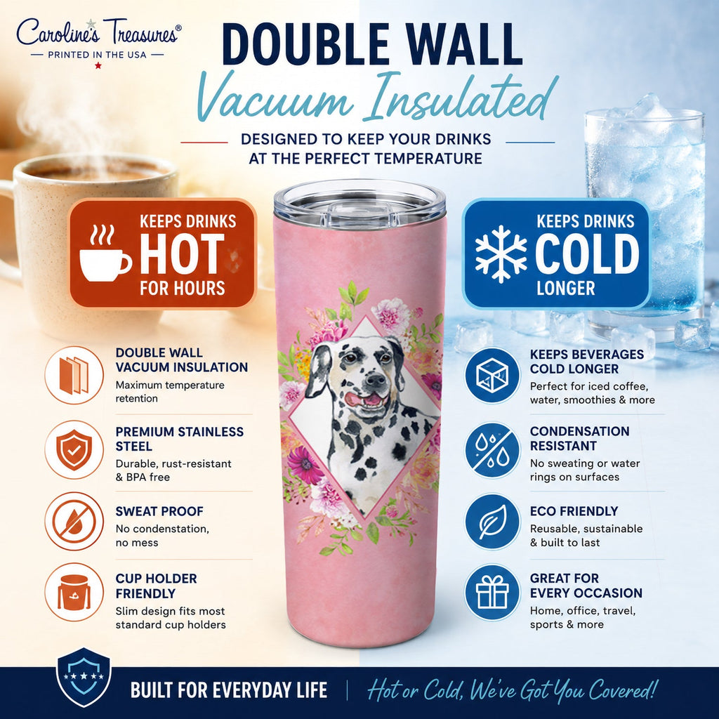 Dalmatian Pink Flowers Stainless Steel Skinny Tumbler 20 oz Vacuum Double Walled Reusable Insulated Travel Cup