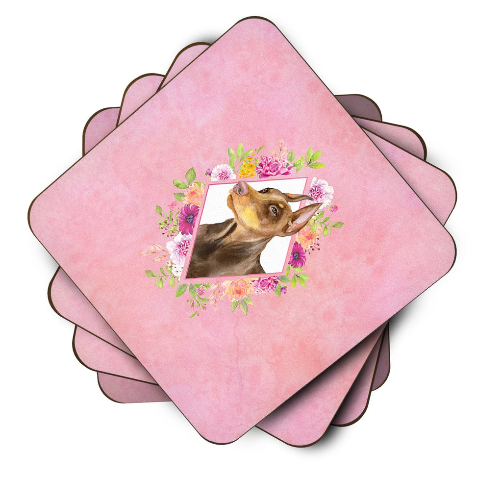 Doberman Pinscher Pink Flowers Foam Coasters Set of 4 Cup Coasters for Indoor Outdoor, Tabletop Protection, Anti Slip, Mouse pad Material