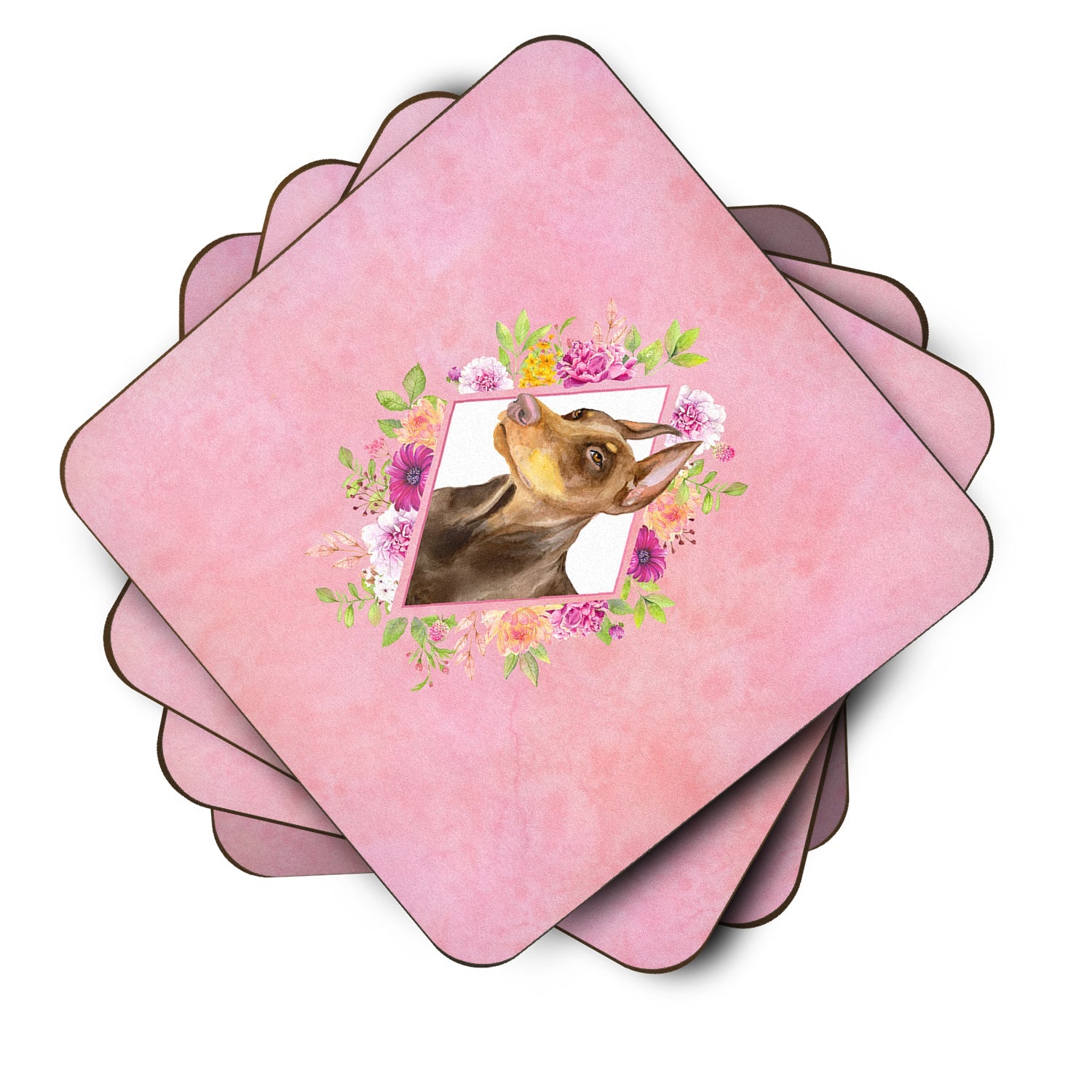 Doberman Pinscher Pink Flowers Foam Coasters Set of 4 Cup Coasters for Indoor Outdoor, Tabletop Protection, Anti Slip, Mouse pad Material