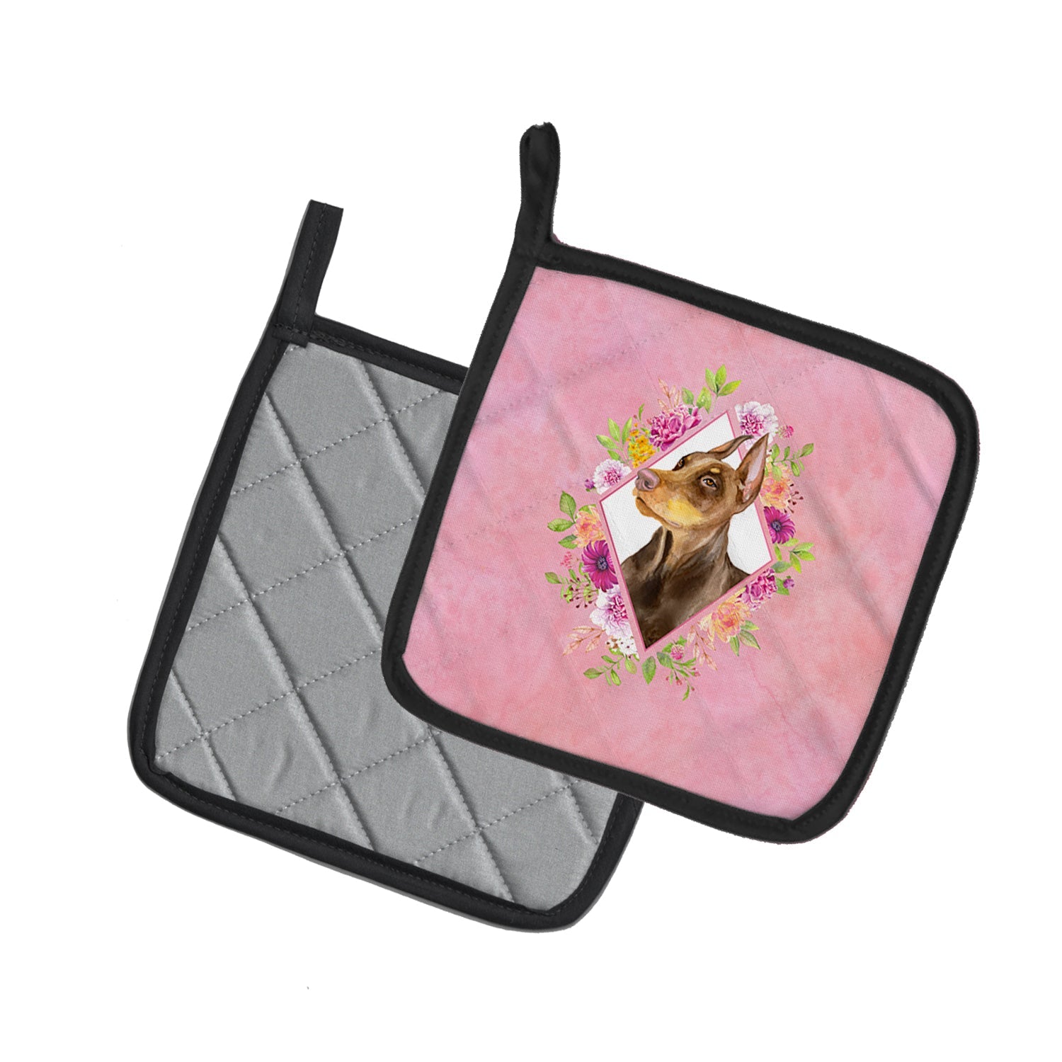 Doberman Pinscher Pink Flowers Pot Holder Set of 2 Heat Resistant Quilted Hot Pads 7.5 x 7.5 Inch, Insulated Kitchen Trivets for Cooking & Baking