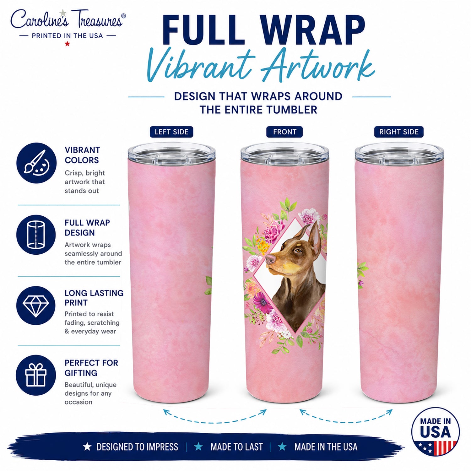 Doberman Pinscher Pink Flowers Stainless Steel Skinny Tumbler 20 oz Vacuum Double Walled Reusable Insulated Travel Cup