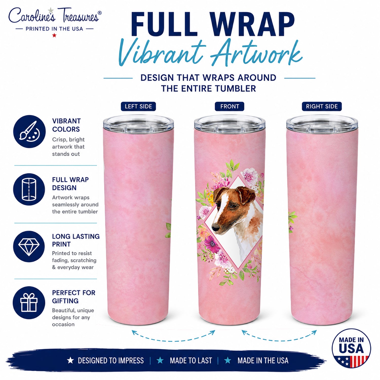 Jack Russell Terrier Pink Flowers Stainless Steel Skinny Tumbler 20 oz Vacuum Double Walled Reusable Insulated Travel Cup