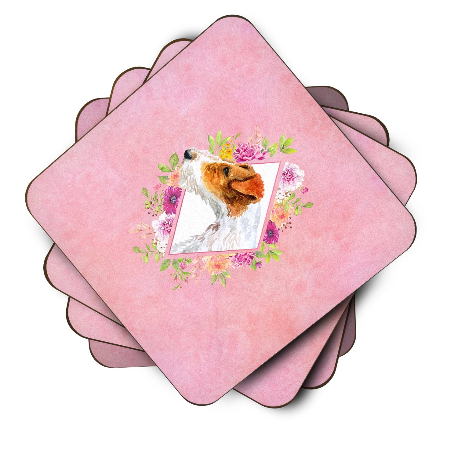 Jack Russell Terrier #2 Pink Flowers Foam Coasters Set of 4 Cup Coasters for Indoor Outdoor, Tabletop Protection, Anti Slip, Mouse pad Material