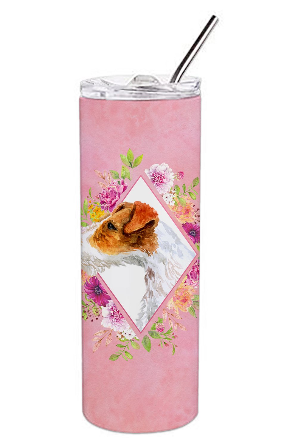 Jack Russell Terrier #2 Pink Flowers Stainless Steel Skinny Tumbler 20 oz Vacuum Double Walled Reusable Insulated Travel Cup