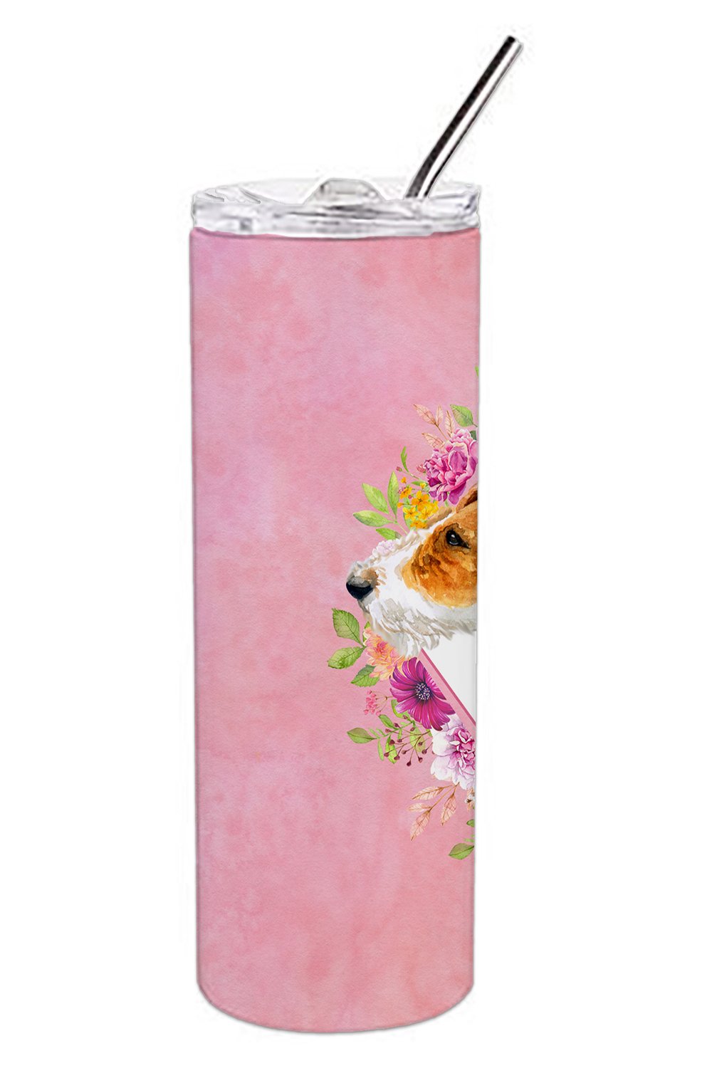 Jack Russell Terrier #2 Pink Flowers Stainless Steel Skinny Tumbler 20 oz Vacuum Double Walled Reusable Insulated Travel Cup