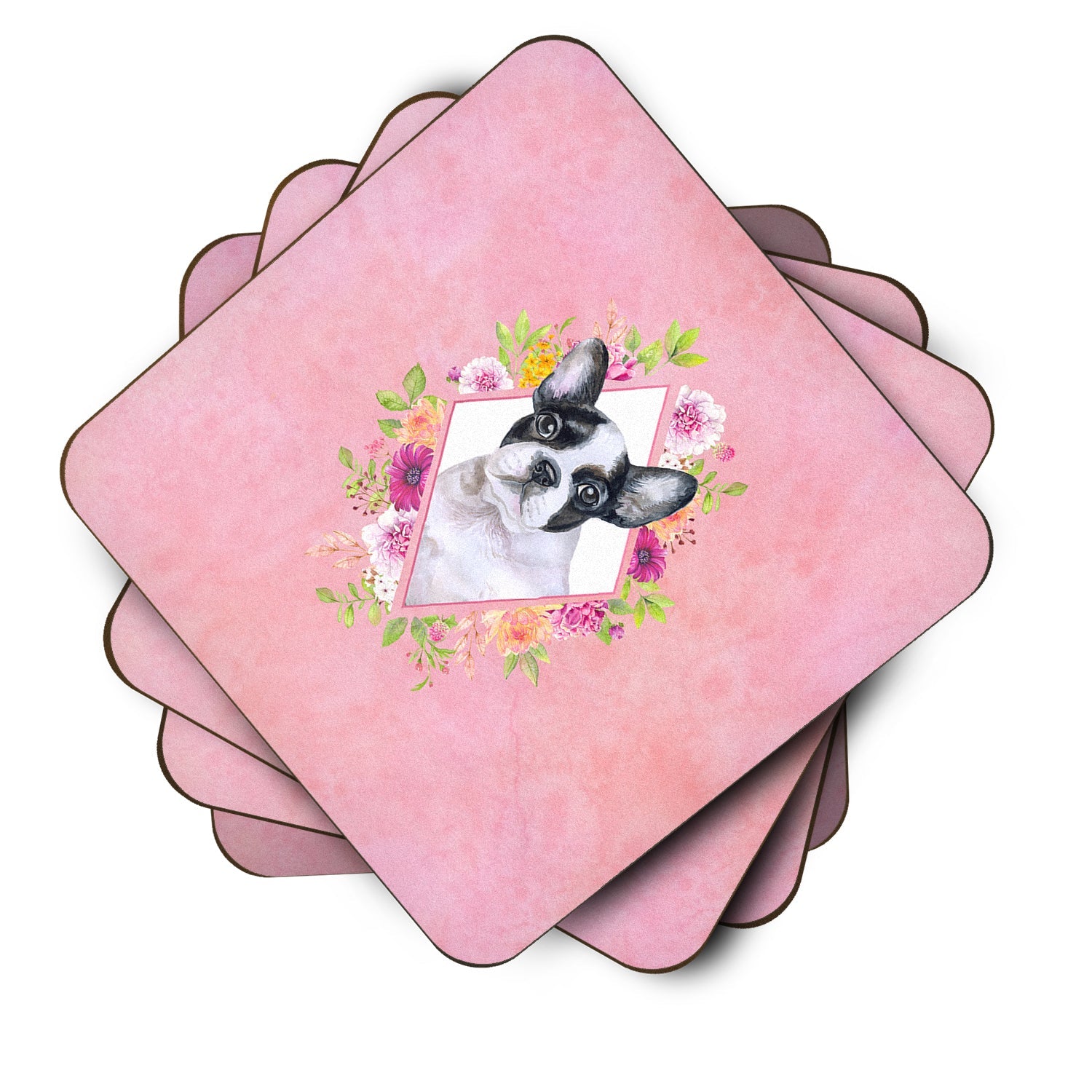 French Bulldog Pink Flowers Foam Coasters Set of 4 Cup Coasters for Indoor Outdoor, Tabletop Protection, Anti Slip, Mouse pad Material