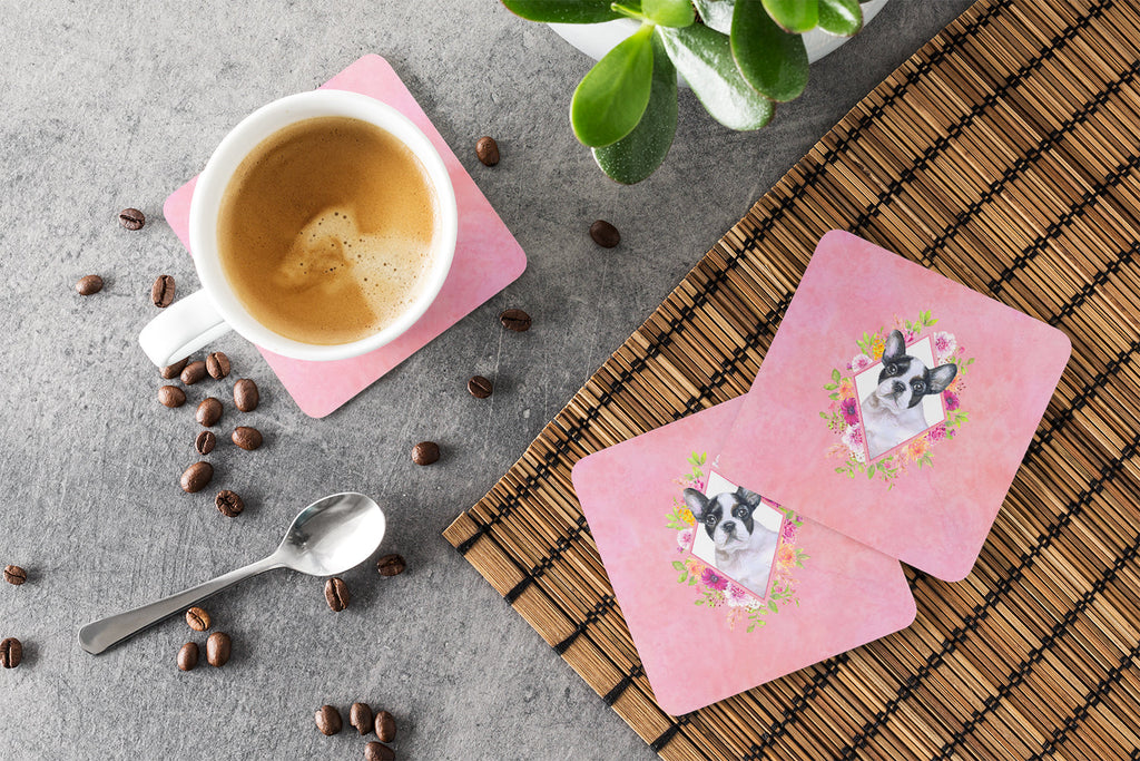 French Bulldog Pink Flowers Foam Coasters Set of 4 Cup Coasters for Indoor Outdoor, Tabletop Protection, Anti Slip, Mouse pad Material