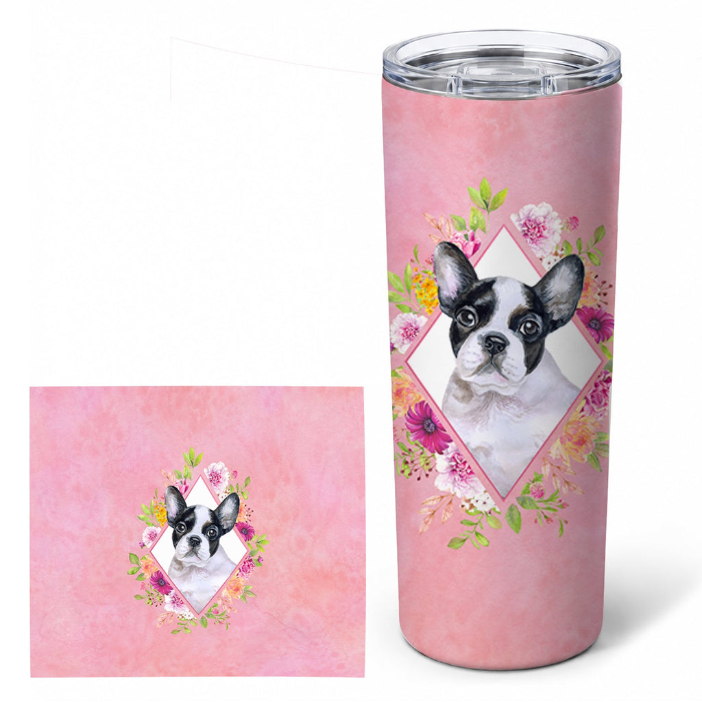 French Bulldog Pink Flowers Stainless Steel Skinny Tumbler 20 oz Vacuum Double Walled Reusable Insulated Travel Cup
