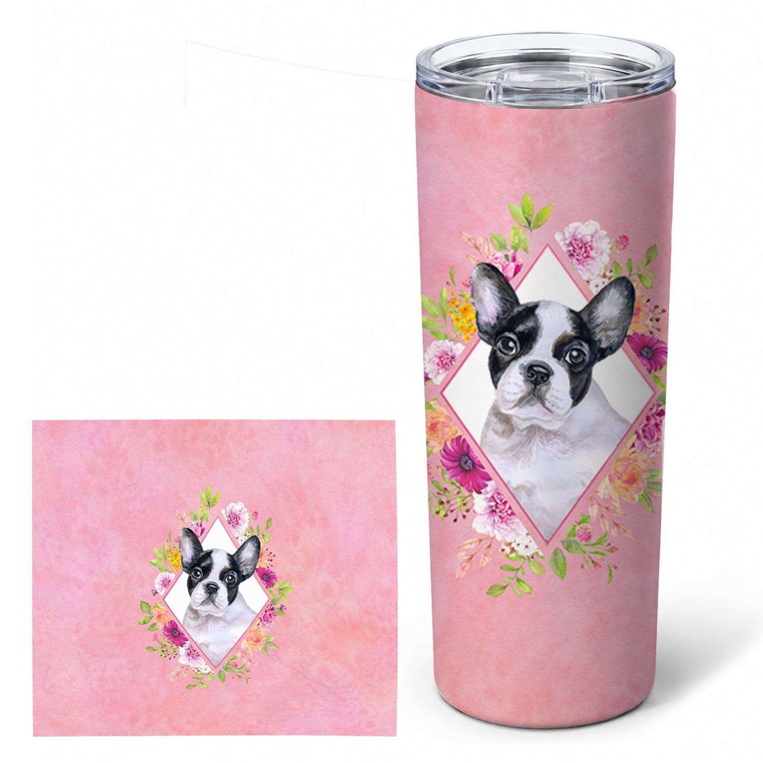 French Bulldog Pink Flowers Stainless Steel Skinny Tumbler 20 oz Vacuum Double Walled Reusable Insulated Travel Cup