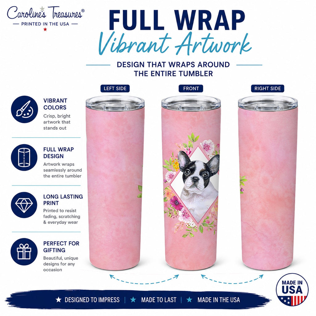 French Bulldog Pink Flowers Stainless Steel Skinny Tumbler 20 oz Vacuum Double Walled Reusable Insulated Travel Cup