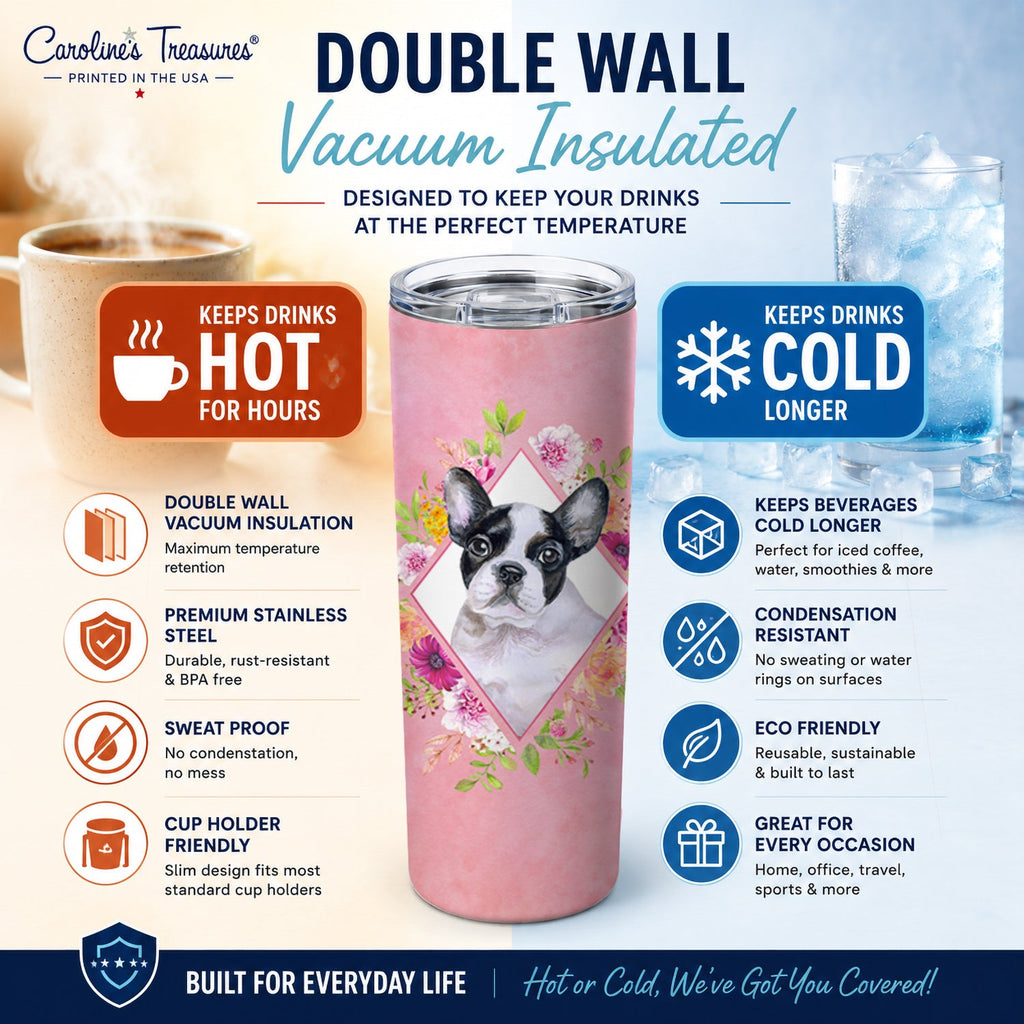 French Bulldog Pink Flowers Stainless Steel Skinny Tumbler 20 oz Vacuum Double Walled Reusable Insulated Travel Cup