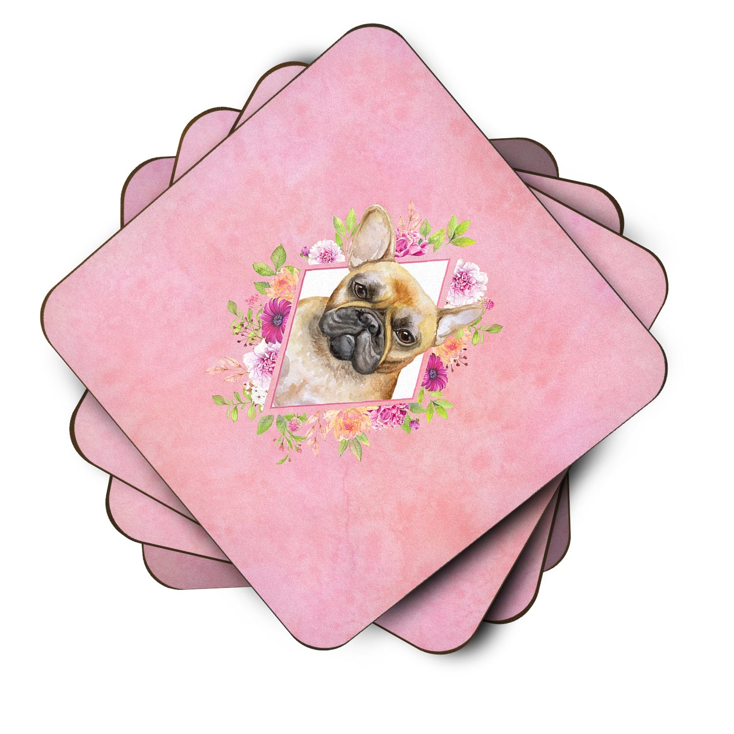 Fawn French Bulldog Pink Flowers Foam Coasters Set of 4 Cup Coasters for Indoor Outdoor, Tabletop Protection, Anti Slip, Mouse pad Material