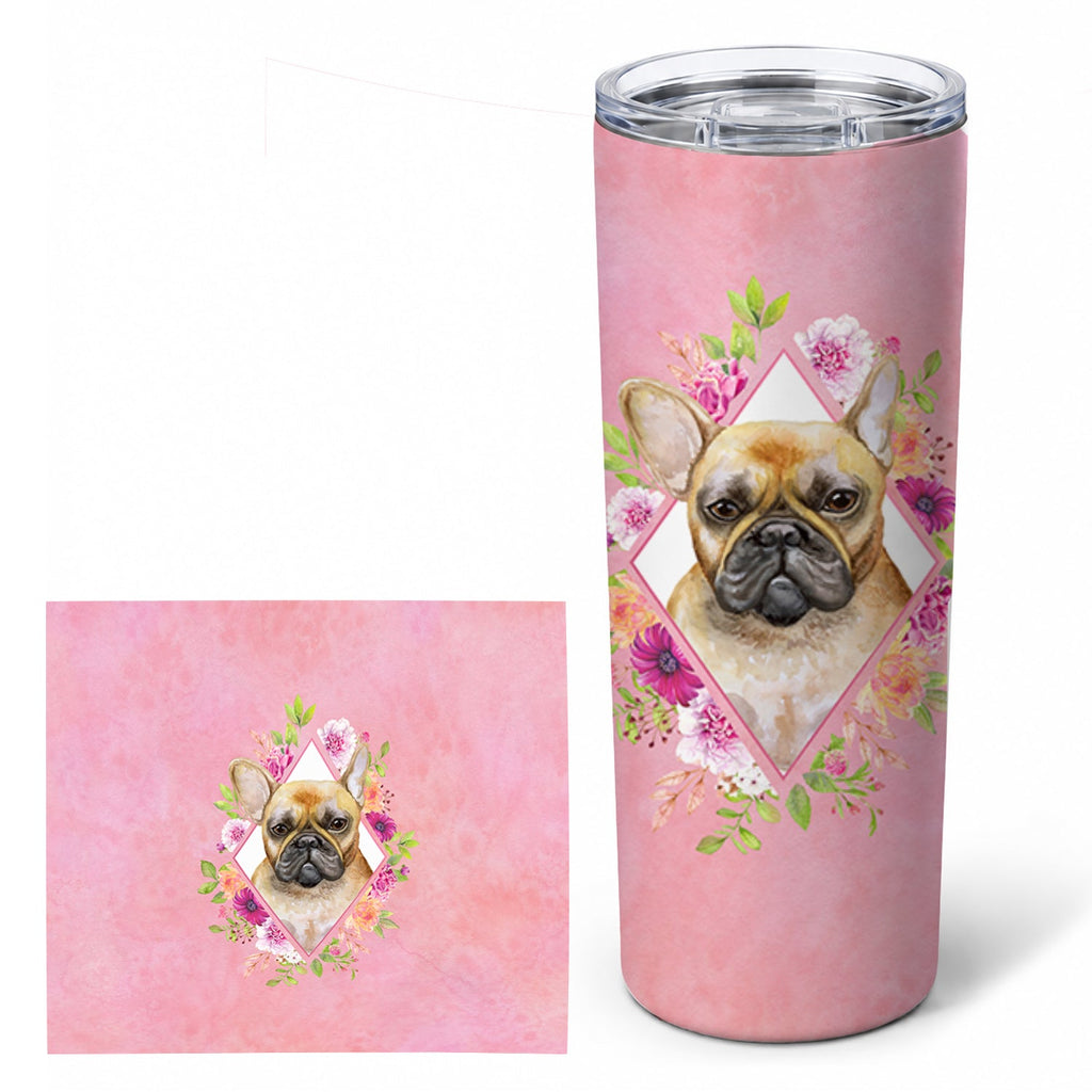 Fawn French Bulldog Pink Flowers Stainless Steel Skinny Tumbler 20 oz Vacuum Double Walled Reusable Insulated Travel Cup