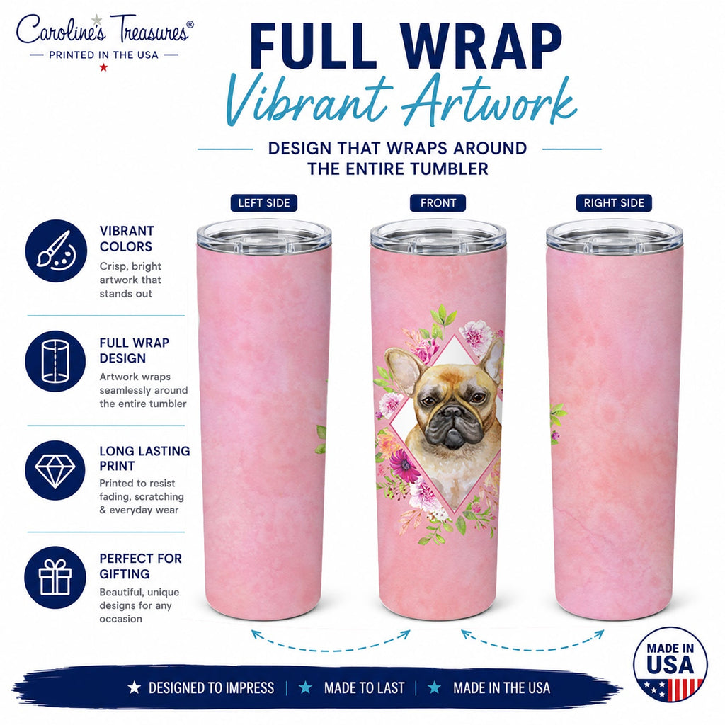 Fawn French Bulldog Pink Flowers Stainless Steel Skinny Tumbler 20 oz Vacuum Double Walled Reusable Insulated Travel Cup