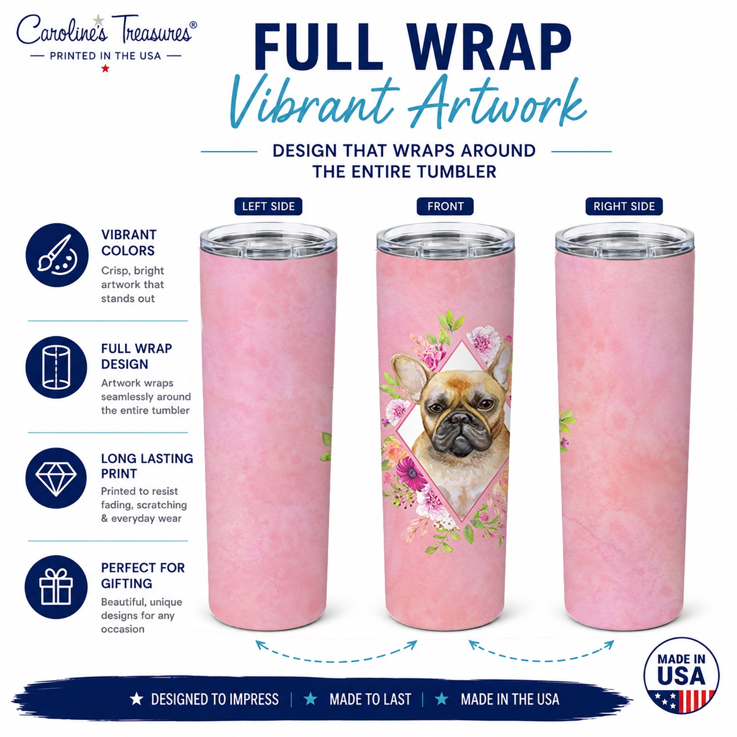 Fawn French Bulldog Pink Flowers Stainless Steel Skinny Tumbler 20 oz Vacuum Double Walled Reusable Insulated Travel Cup