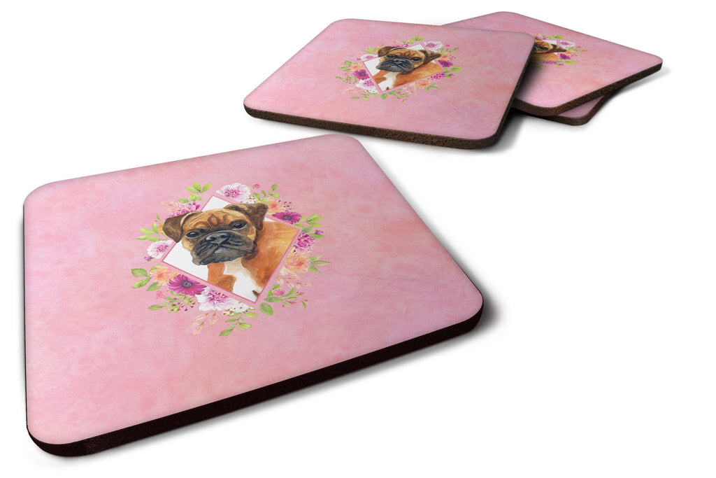 German Boxer Pink Flowers Foam Coasters Set of 4 Cup Coasters for Indoor Outdoor, Tabletop Protection, Anti Slip, Mouse pad Material