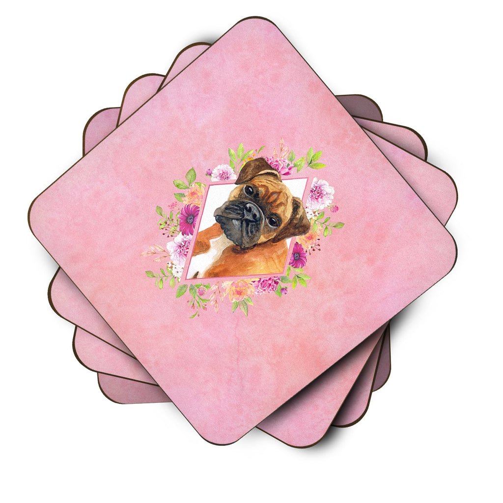 German Boxer Pink Flowers Foam Coasters Set of 4 Cup Coasters for Indoor Outdoor, Tabletop Protection, Anti Slip, Mouse pad Material