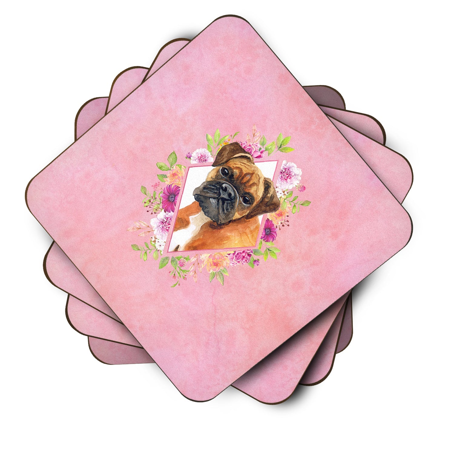 German Boxer Pink Flowers Foam Coasters Set of 4 Cup Coasters for Indoor Outdoor, Tabletop Protection, Anti Slip, Mouse pad Material