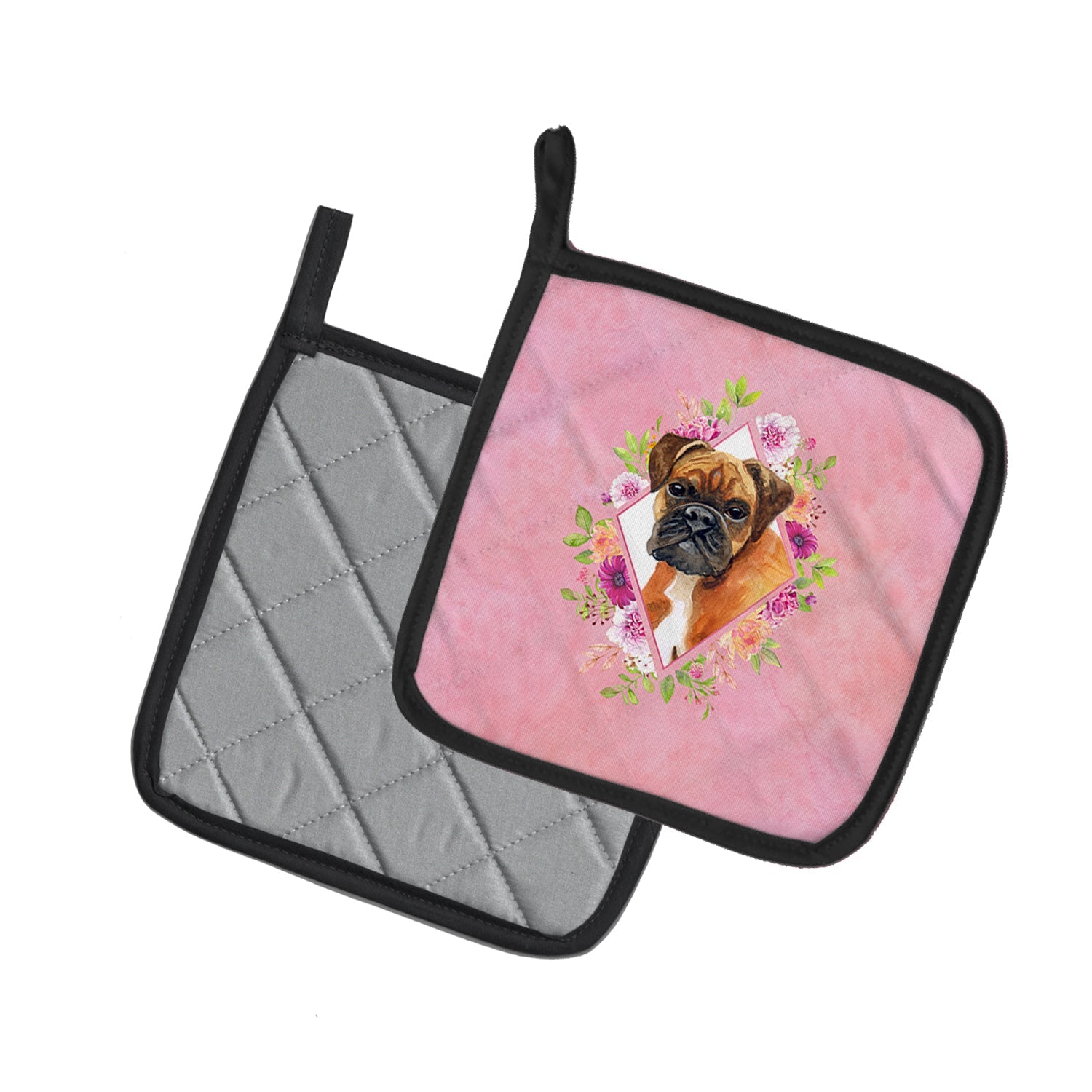 German Boxer Pink Flowers Pot Holder Set of 2 Heat Resistant Quilted Hot Pads 7.5 x 7.5 Inch, Insulated Kitchen Trivets for Cooking & Baking