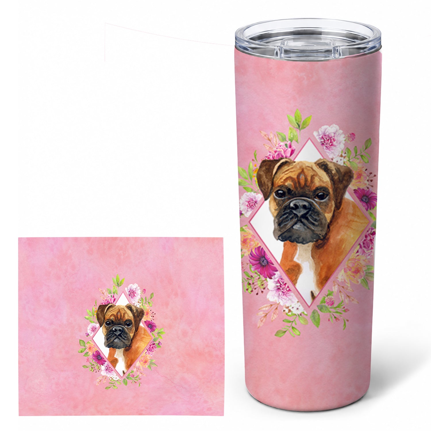 German Boxer Pink Flowers Stainless Steel Skinny Tumbler 20 oz Vacuum Double Walled Reusable Insulated Travel Cup