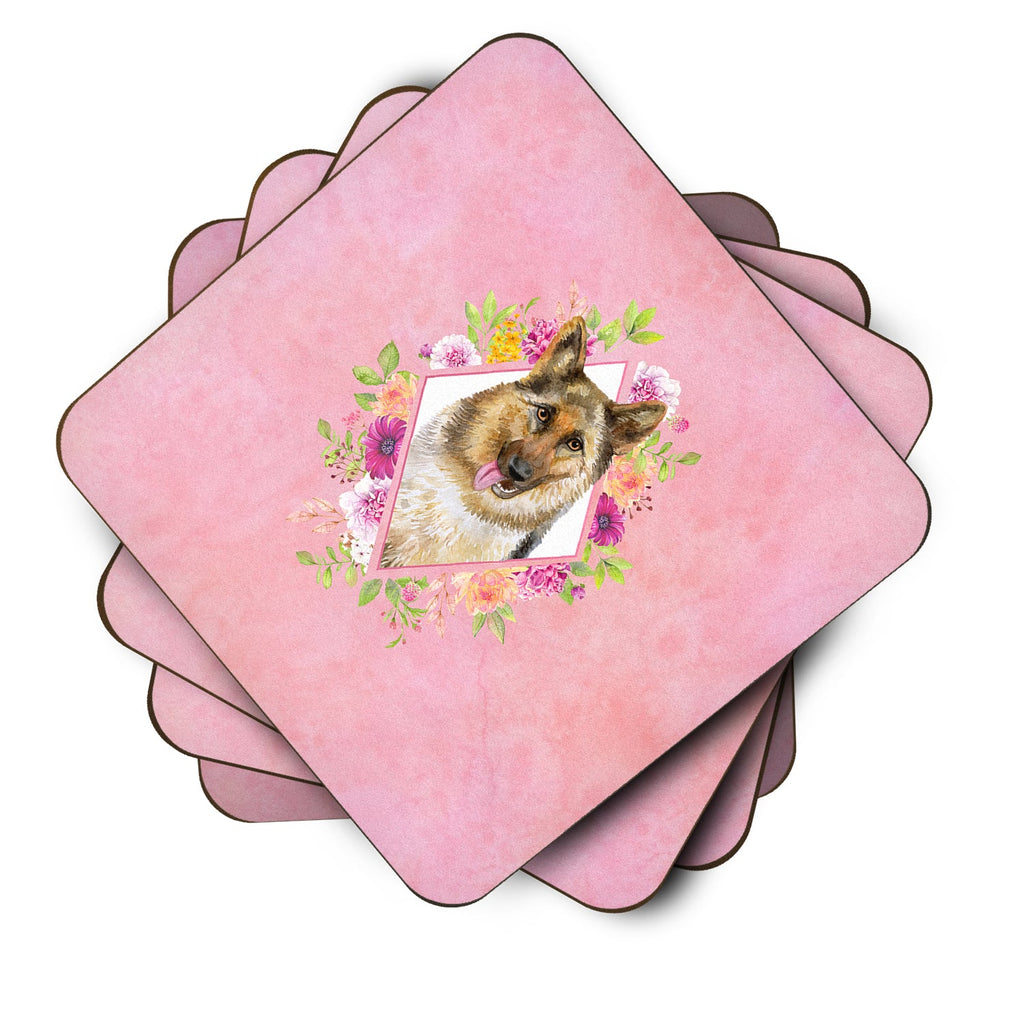 German Shepherd #1 Pink Flowers Foam Coasters Set of 4 Cup Coasters for Indoor Outdoor, Tabletop Protection, Anti Slip, Mouse pad Material