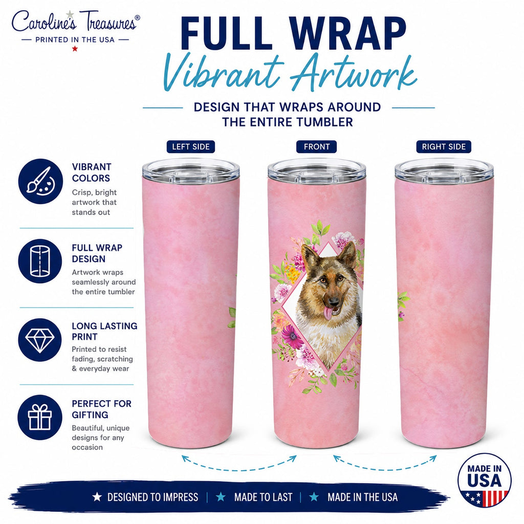 German Shepherd #1 Pink Flowers Stainless Steel Skinny Tumbler 20 oz Vacuum Double Walled Reusable Insulated Travel Cup