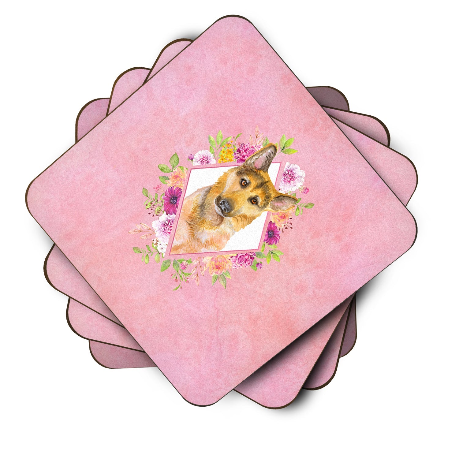 German Shepherd #2 Pink Flowers Foam Coasters Set of 4 Cup Coasters for Indoor Outdoor, Tabletop Protection, Anti Slip, Mouse pad Material