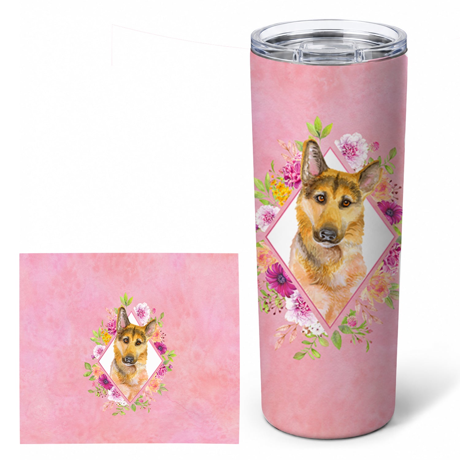 German Shepherd #2 Pink Flowers Stainless Steel Skinny Tumbler 20 oz Vacuum Double Walled Reusable Insulated Travel Cup
