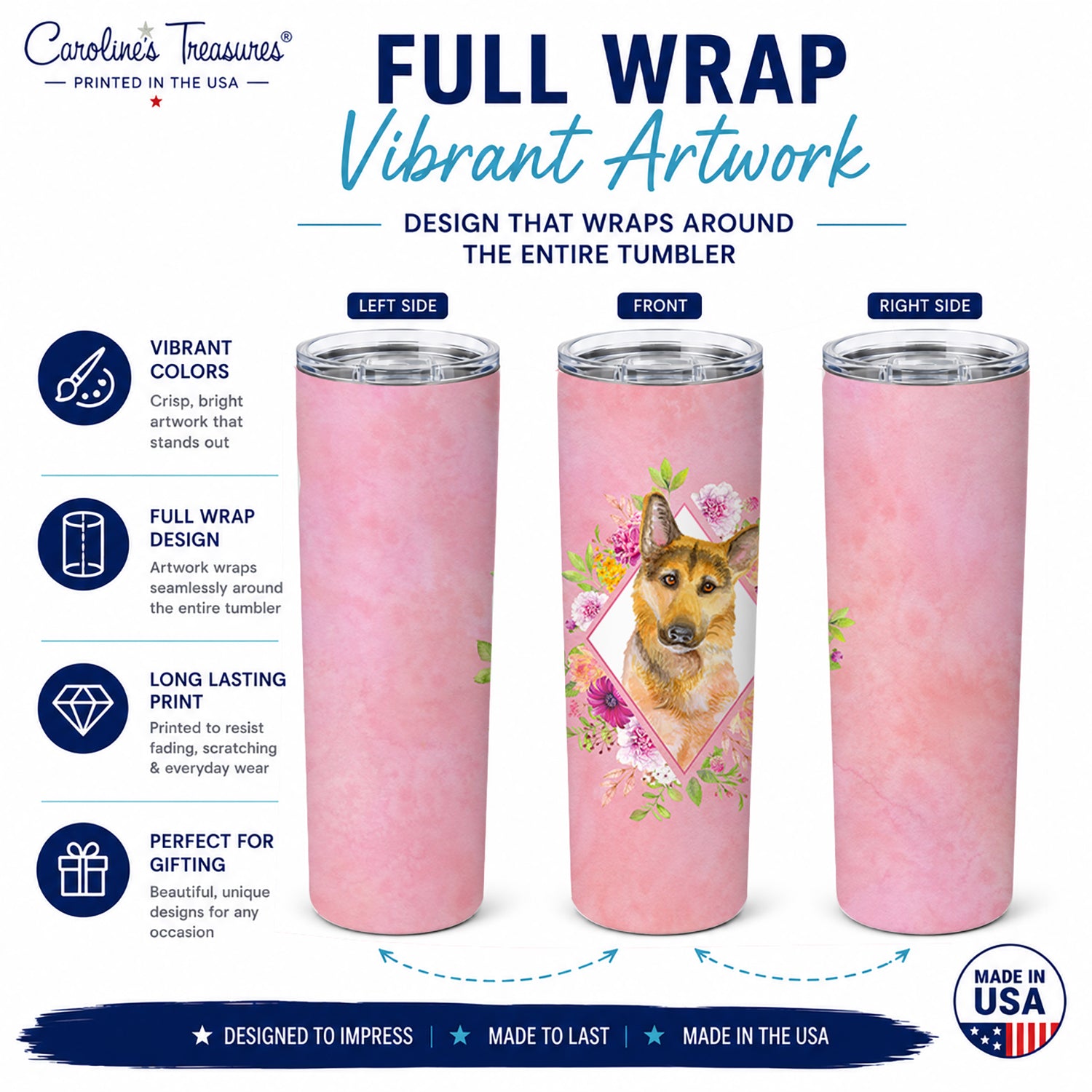 German Shepherd #2 Pink Flowers Stainless Steel Skinny Tumbler 20 oz Vacuum Double Walled Reusable Insulated Travel Cup