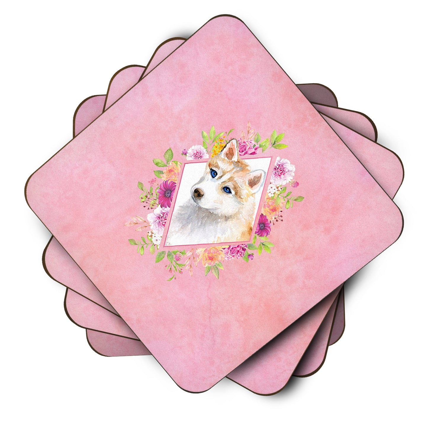 Red Siberian Husky Pink Flowers Foam Coasters Set of 4 Cup Coasters for Indoor Outdoor, Tabletop Protection, Anti Slip, Mouse pad Material