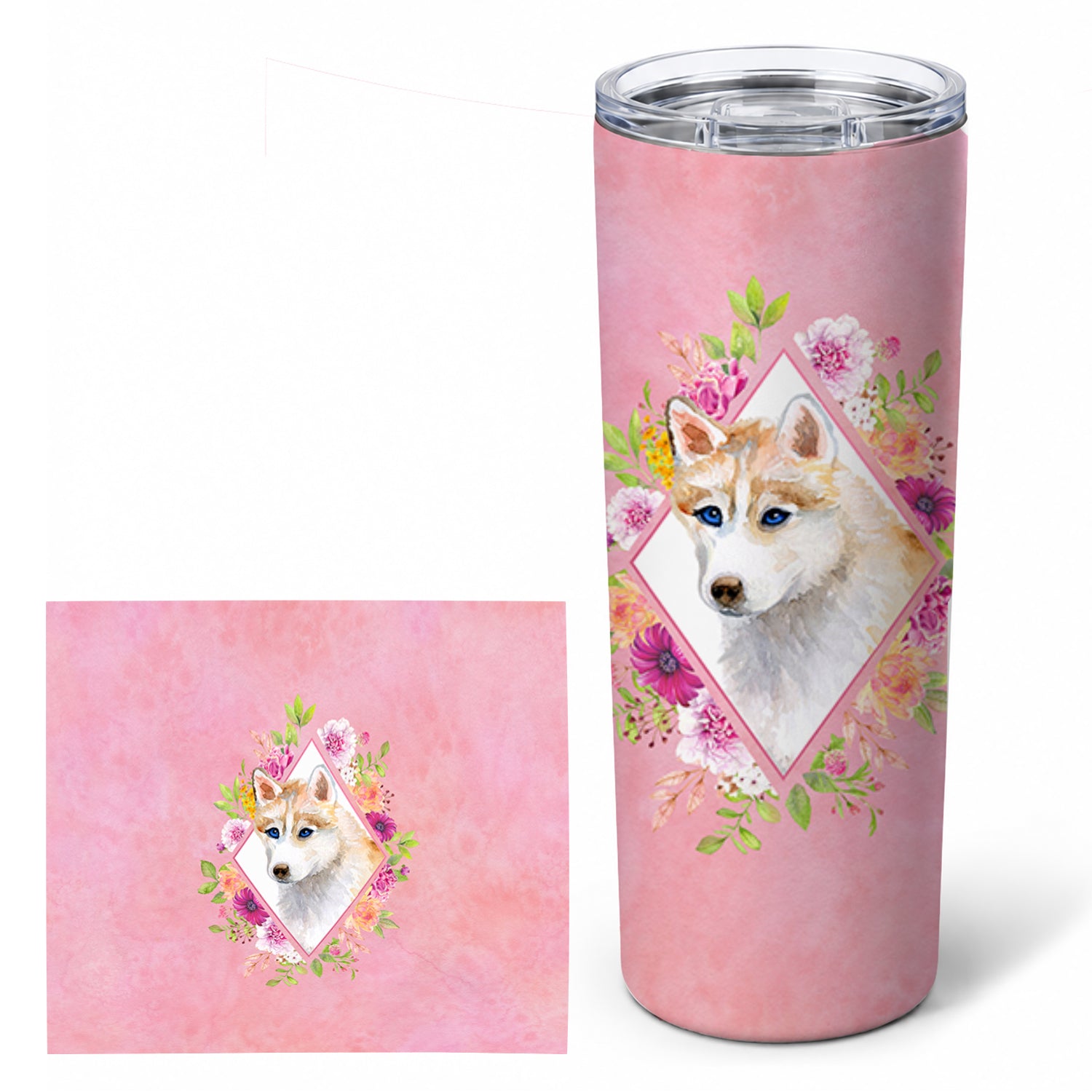 Red Siberian Husky Pink Flowers Stainless Steel Skinny Tumbler 20 oz Vacuum Double Walled Reusable Insulated Travel Cup