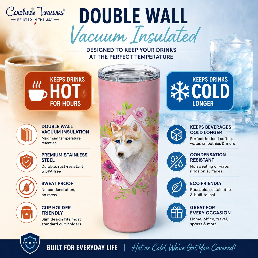 Red Siberian Husky Pink Flowers Stainless Steel Skinny Tumbler 20 oz Vacuum Double Walled Reusable Insulated Travel Cup