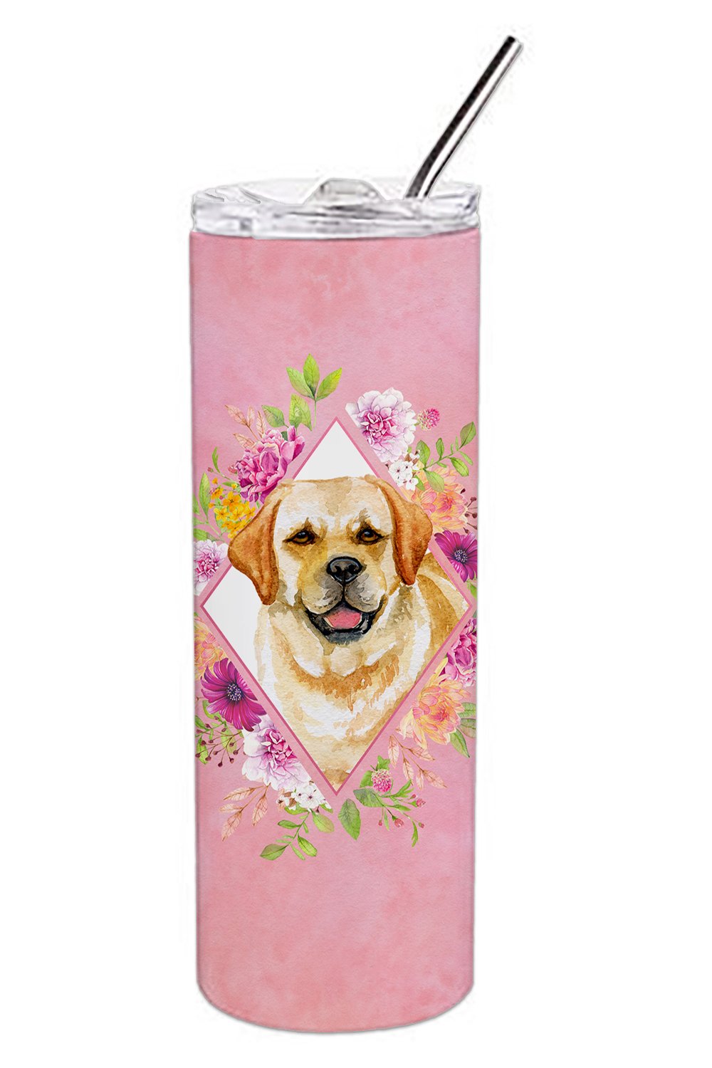 Golden Retriever Pink Flowers Stainless Steel Skinny Tumbler 20 oz Vacuum Double Walled Reusable Insulated Travel Cup