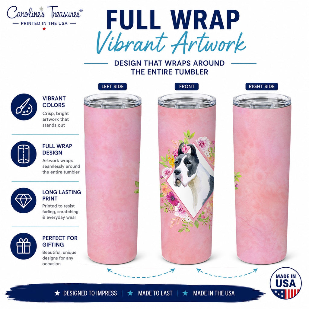 Great Dane Pink Flowers Stainless Steel Skinny Tumbler 20 oz Vacuum Double Walled Reusable Insulated Travel Cup