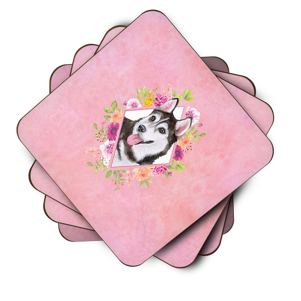 Siberian Husky #1 Pink Flowers Foam Coasters Set of 4 Cup Coasters for Indoor Outdoor, Tabletop Protection, Anti Slip, Mouse pad Material