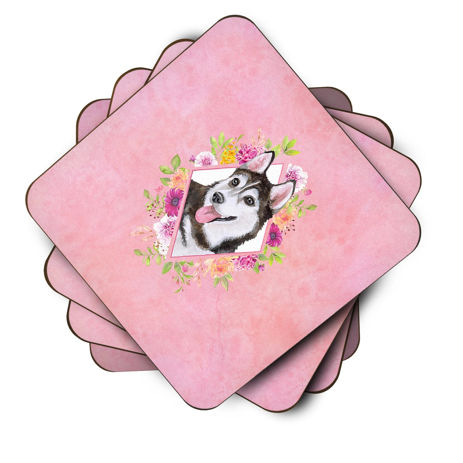 Siberian Husky #1 Pink Flowers Foam Coasters Set of 4 Cup Coasters for Indoor Outdoor, Tabletop Protection, Anti Slip, Mouse pad Material