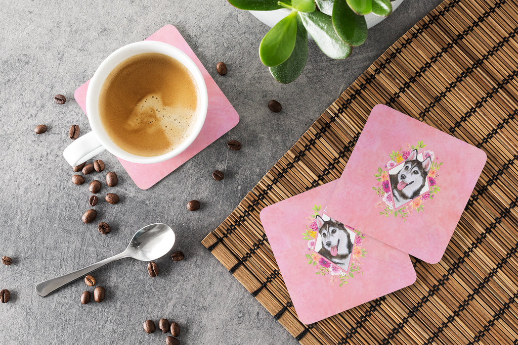 Siberian Husky #1 Pink Flowers Foam Coasters Set of 4 Cup Coasters for Indoor Outdoor, Tabletop Protection, Anti Slip, Mouse pad Material